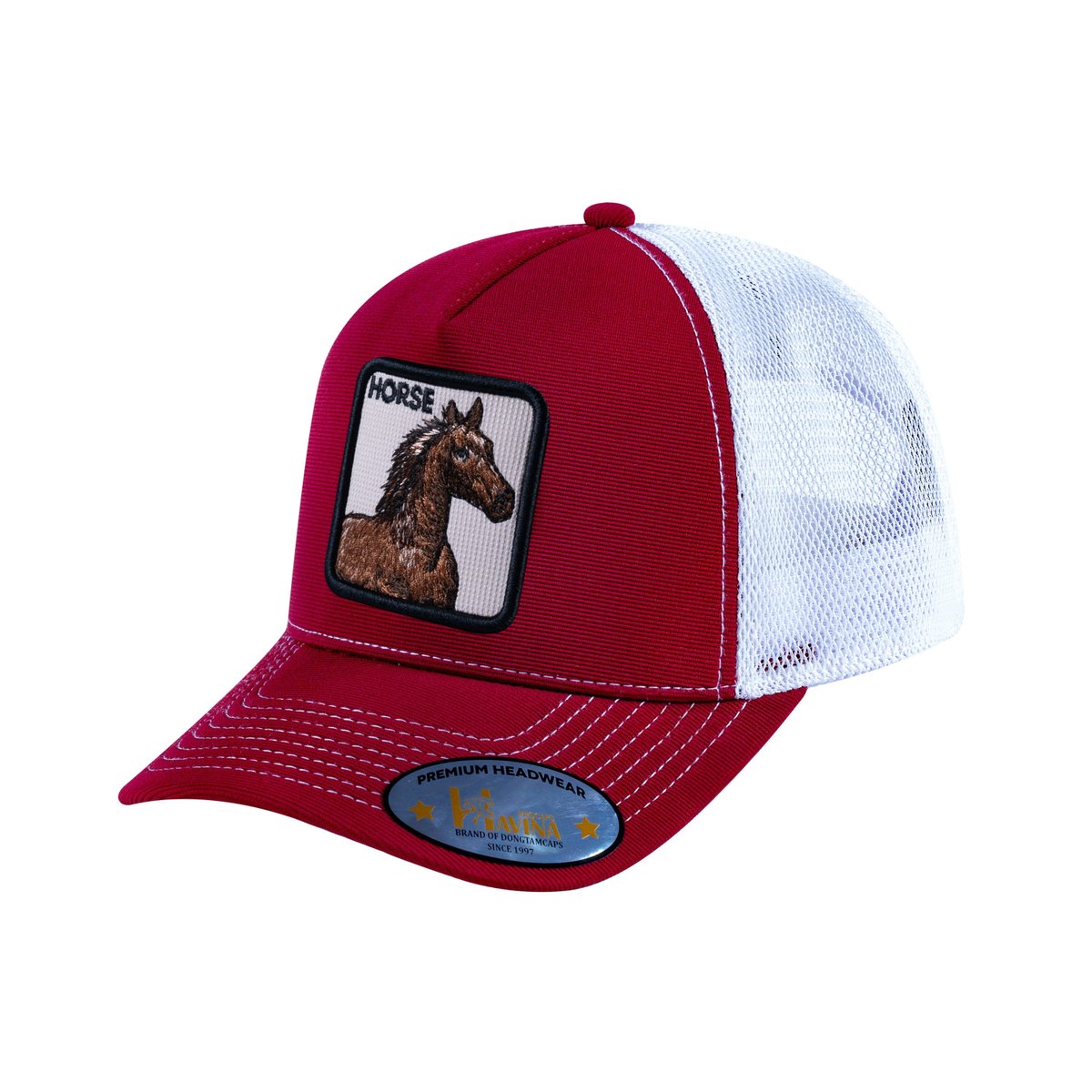 Unisex V2 Embroidered The Horse, 5-Panel Trucker Hat, Burgundy/White, Adjustable Fit