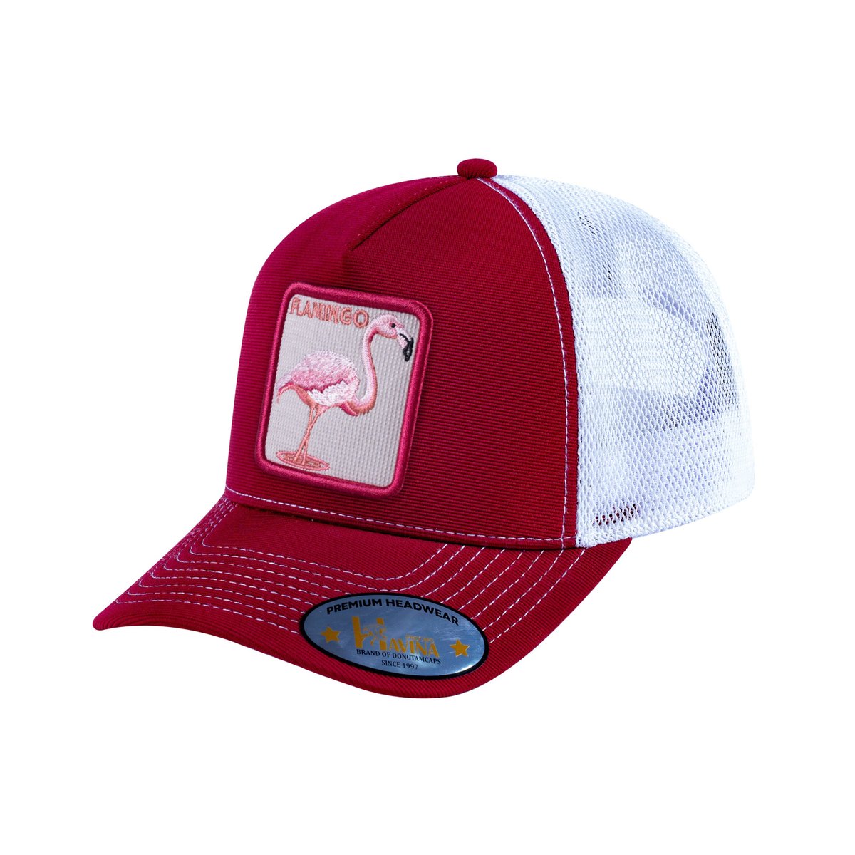 Unisex V2 Embroidered The Flamingo, 5-Panel Trucker Hat, Burgundy/White, Adjustable Fit