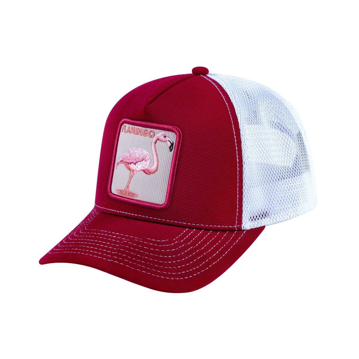Unisex V2 Embroidered The Flamingo, 5-Panel Trucker Hat, Burgundy/White, Adjustable Fit