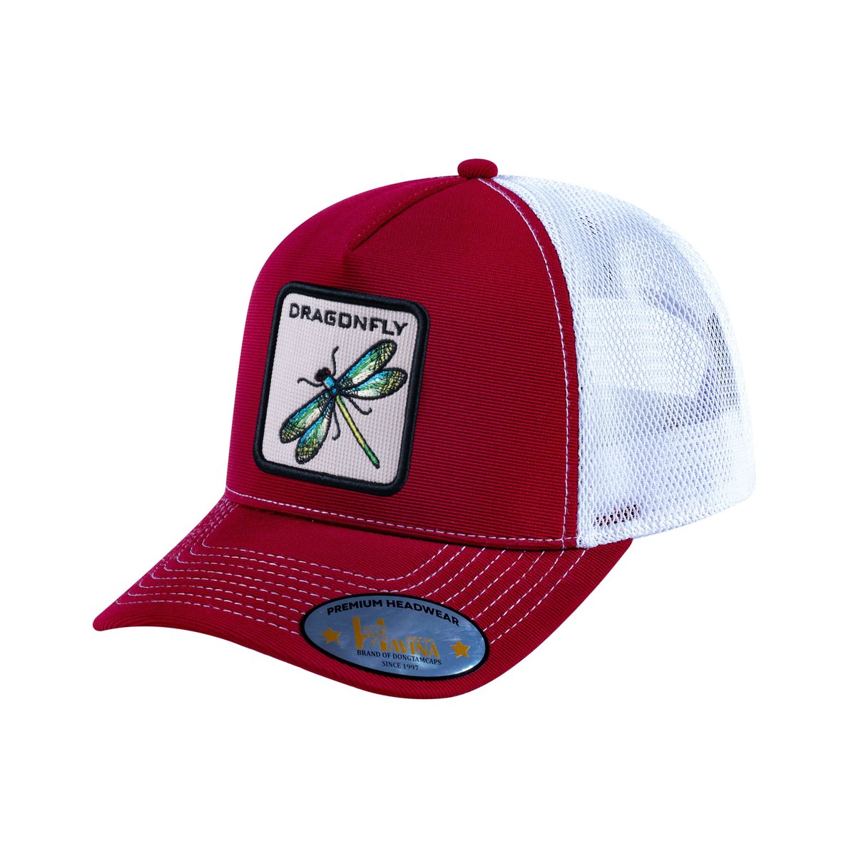 Unisex V2 Embroidered The Dragonfly, 5-Panel Trucker Hat, Burgundy/White, Adjustable Fit