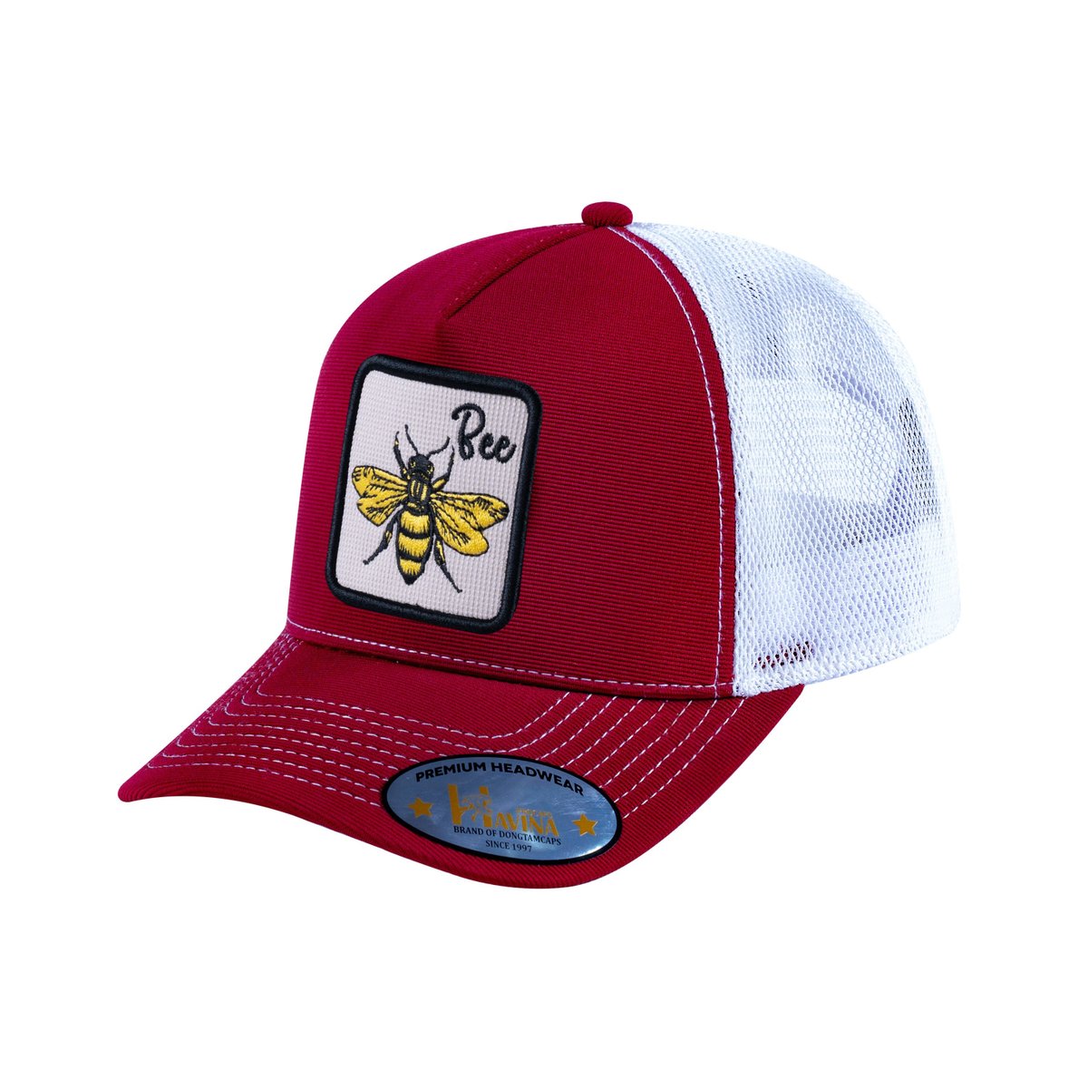 Unisex V2 Embroidered The Bee, 5-Panel Trucker Hat, Burgundy/White, Adjustable Fit