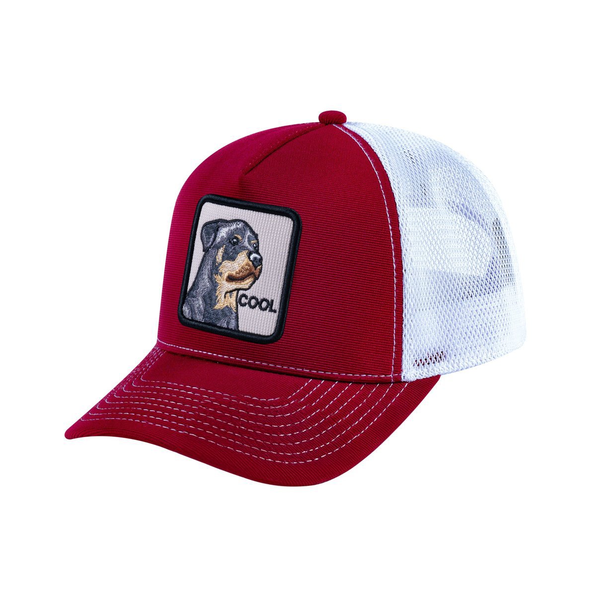 Unisex V2 Embroidered The Dog, 5-Panel Trucker Hat, Burgundy/White, Adjustable Fit
