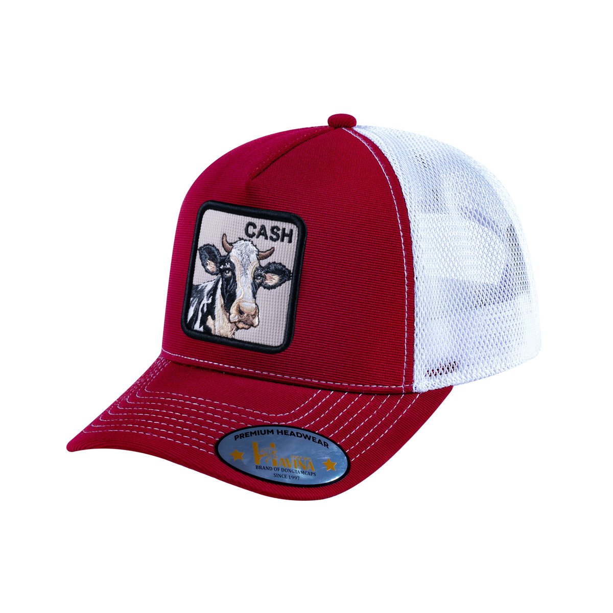 Unisex V2 Embroidered The Cow, 5-Panel Trucker Hat, Burgundy/White, Adjustable Fit