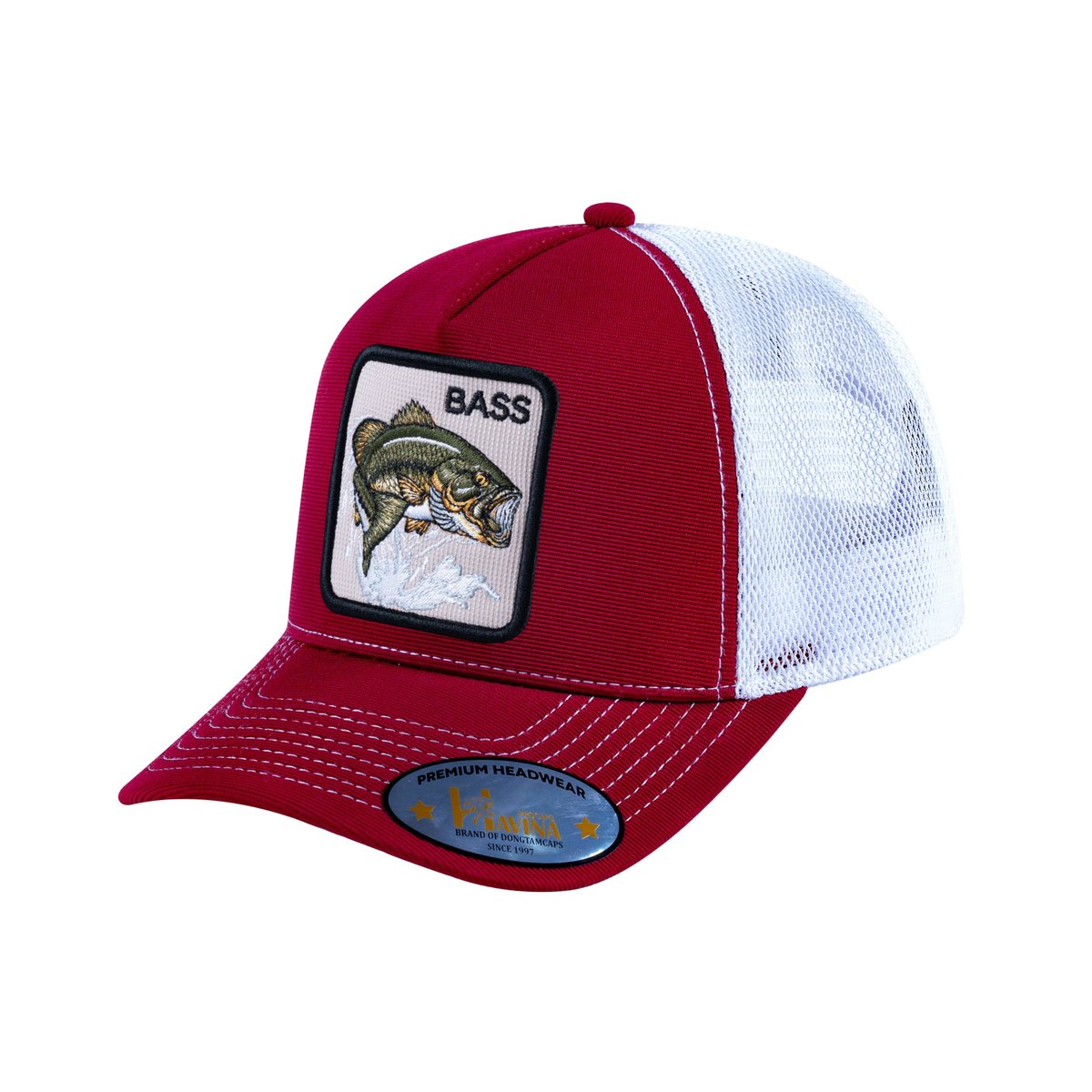 Unisex V2 Embroidered The Bass, 5-Panel Trucker Hat, Burgundy/White, Adjustable Fit