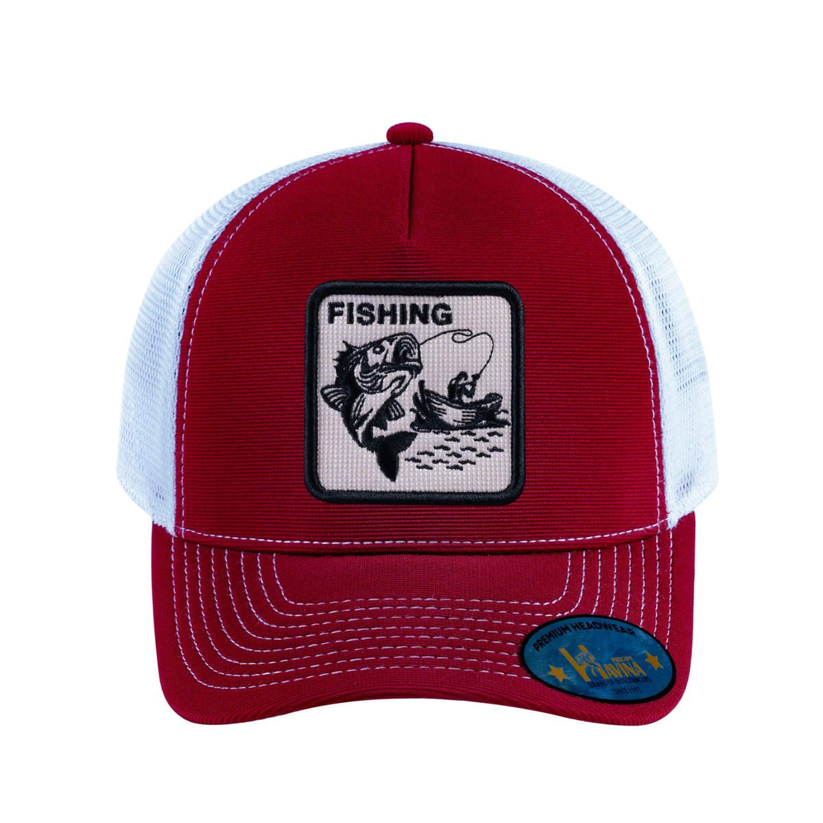 Unisex V2 Embroidered The Fishing, 5-Panel Trucker Hat, Burgundy/White, Adjustable Fit