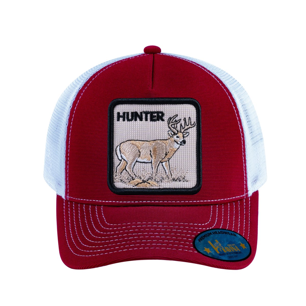 Unisex V2 Embroidered The Hunter, 5-Panel Trucker Hat, Burgundy/White, Adjustable Fit