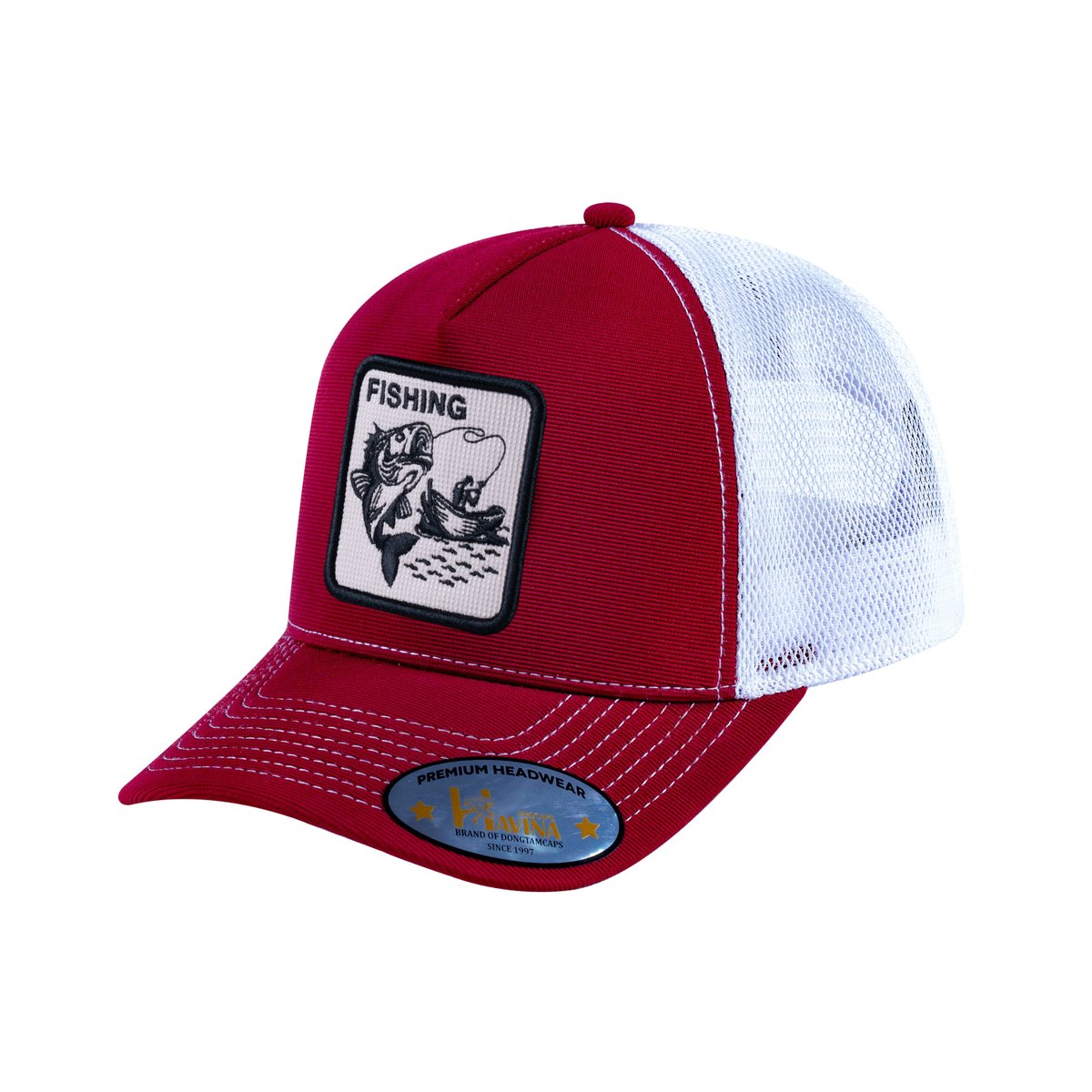 Unisex V2 Embroidered The Fishing, 5-Panel Trucker Hat, Burgundy/White, Adjustable Fit