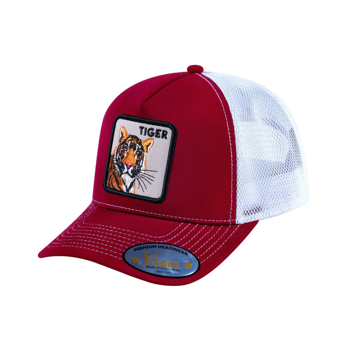 Unisex V2 Embroidered The Tiger, 5-Panel Trucker Hat, Burgundy/White, Adjustable Fit