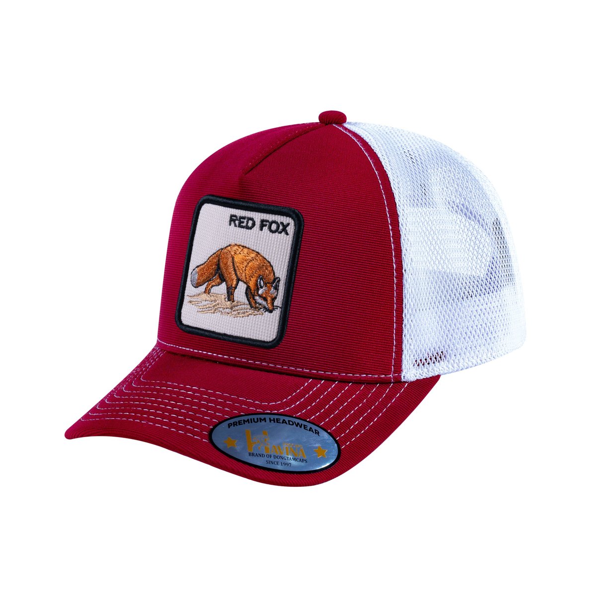 Unisex V2 Embroidered The Red Fox, 5-Panel Trucker Hat, Burgundy/White, Adjustable Fit