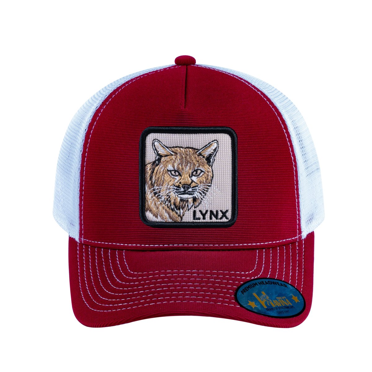 Unisex V2 Embroidered The Lynx, 5-Panel Trucker Hat, Burgundy/White, Adjustable Fit