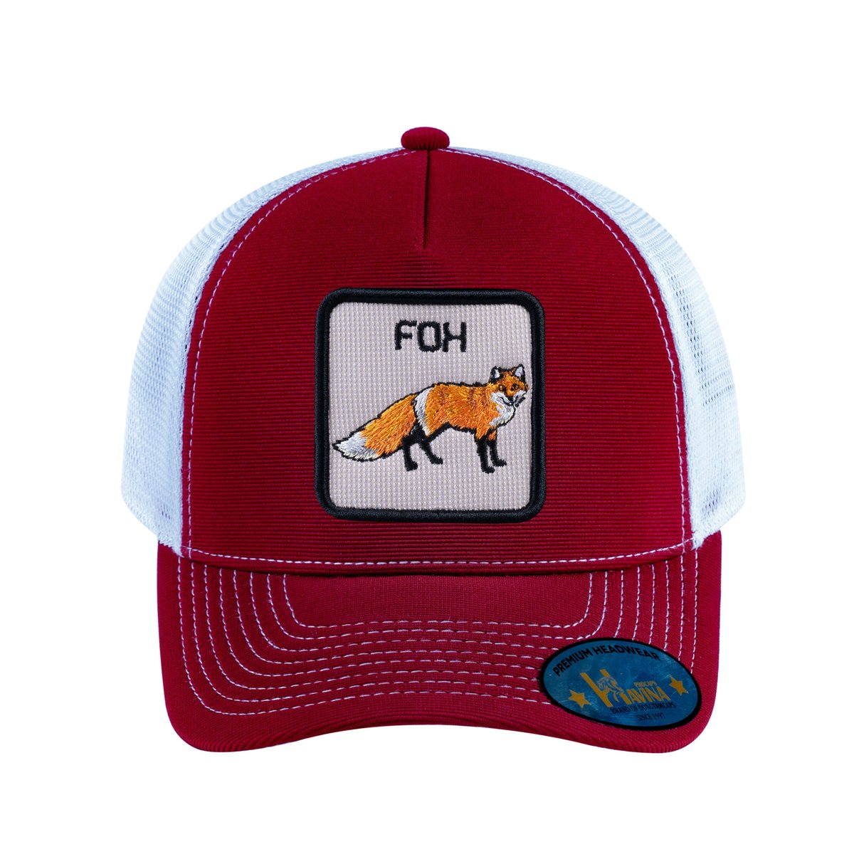 Unisex V2 Embroidered The Fox, 5-Panel Trucker Hat, Burgundy/White, Adjustable Fit