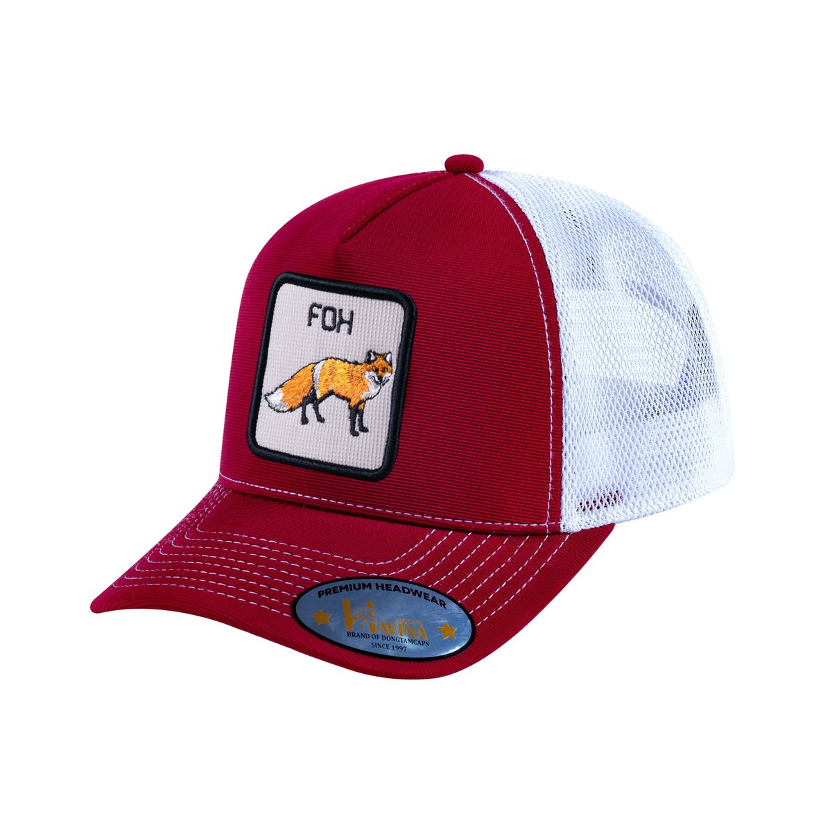 Unisex V2 Embroidered The Fox, 5-Panel Trucker Hat, Burgundy/White, Adjustable Fit