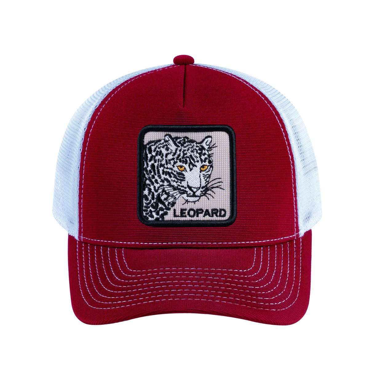Unisex V2 Embroidered The Leopard, 5-Panel Trucker Hat, Burgundy/White, Adjustable Fit