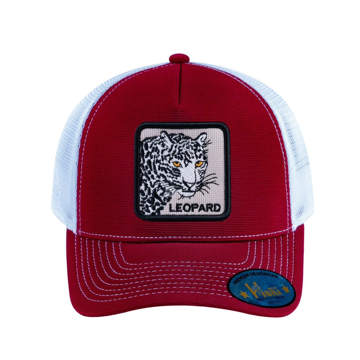 Unisex V2 Embroidered The Leopard, 5-Panel Trucker Hat, Burgundy/White, Adjustable Fit