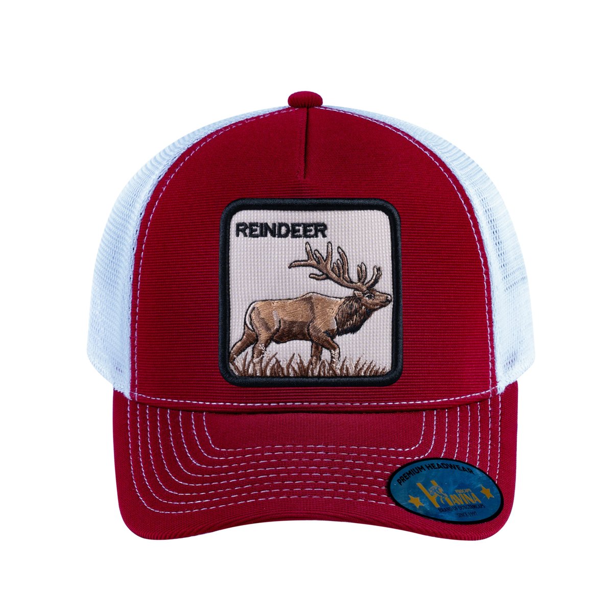 Unisex V2 Embroidered The Reindeer, 5-Panel Trucker Hat, Burgundy/White, Adjustable Fit