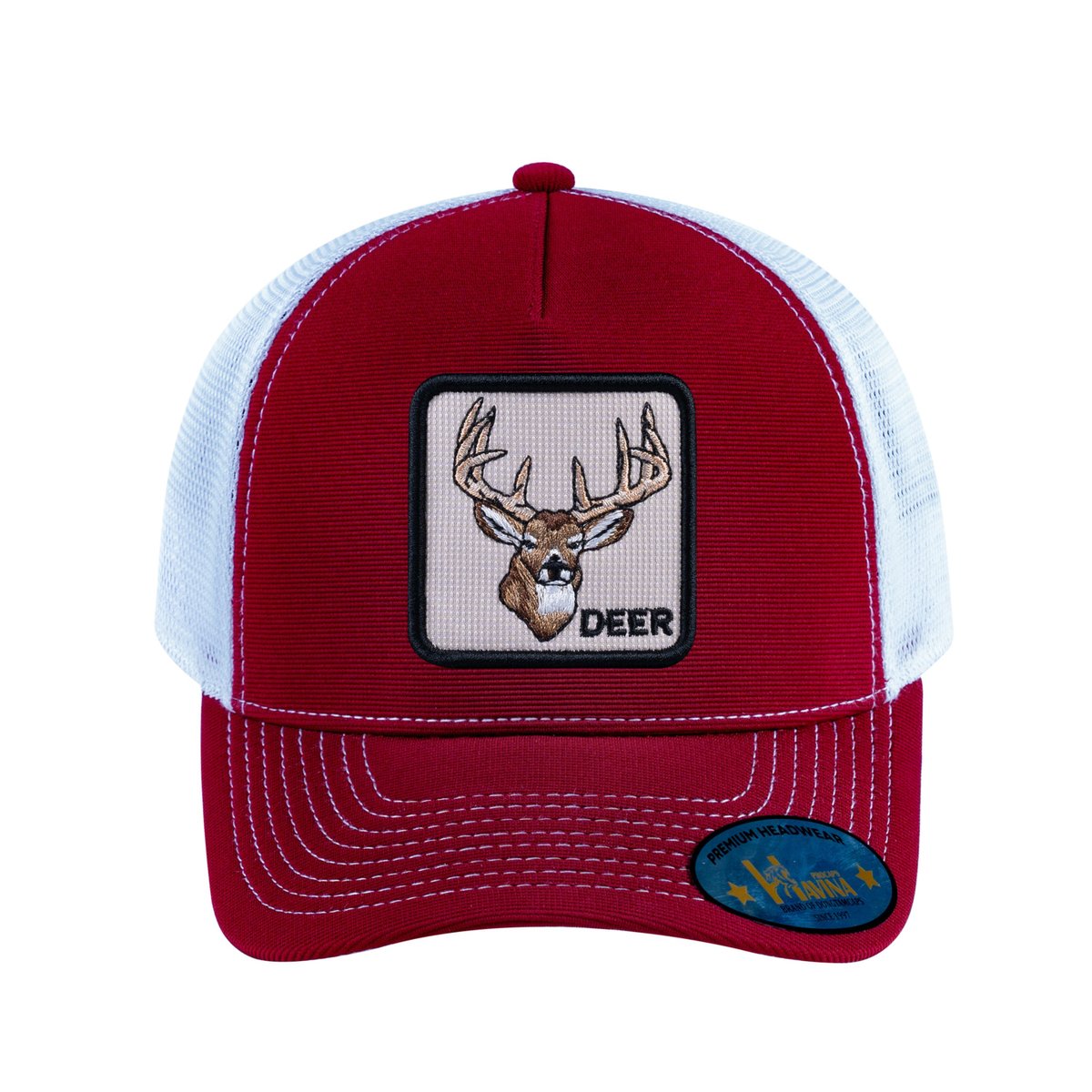 Unisex V2 Embroidered The Deer, 5-Panel Trucker Hat, Burgundy/White, Adjustable Fit