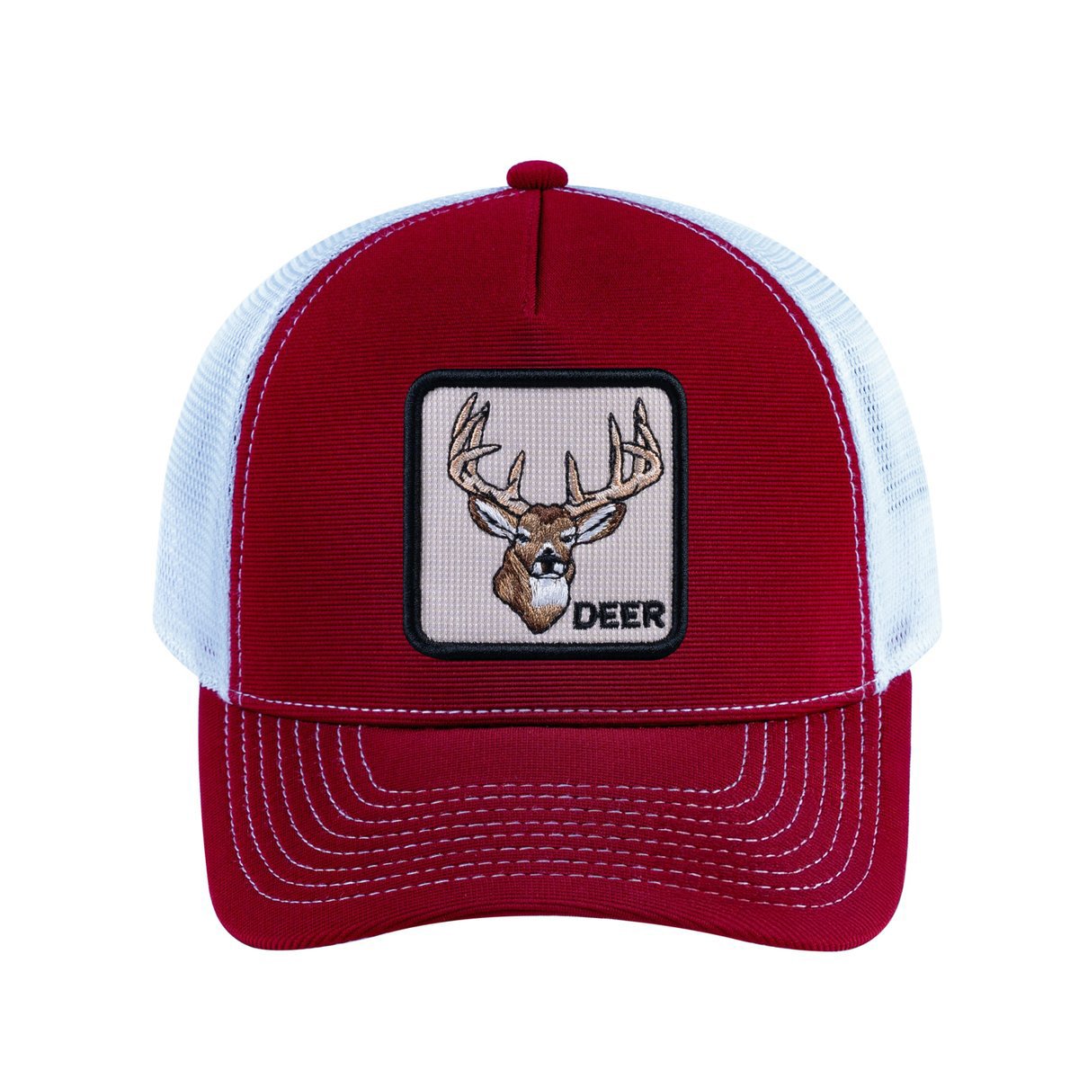 Unisex V2 Embroidered The Deer, 5-Panel Trucker Hat, Burgundy/White, Adjustable Fit