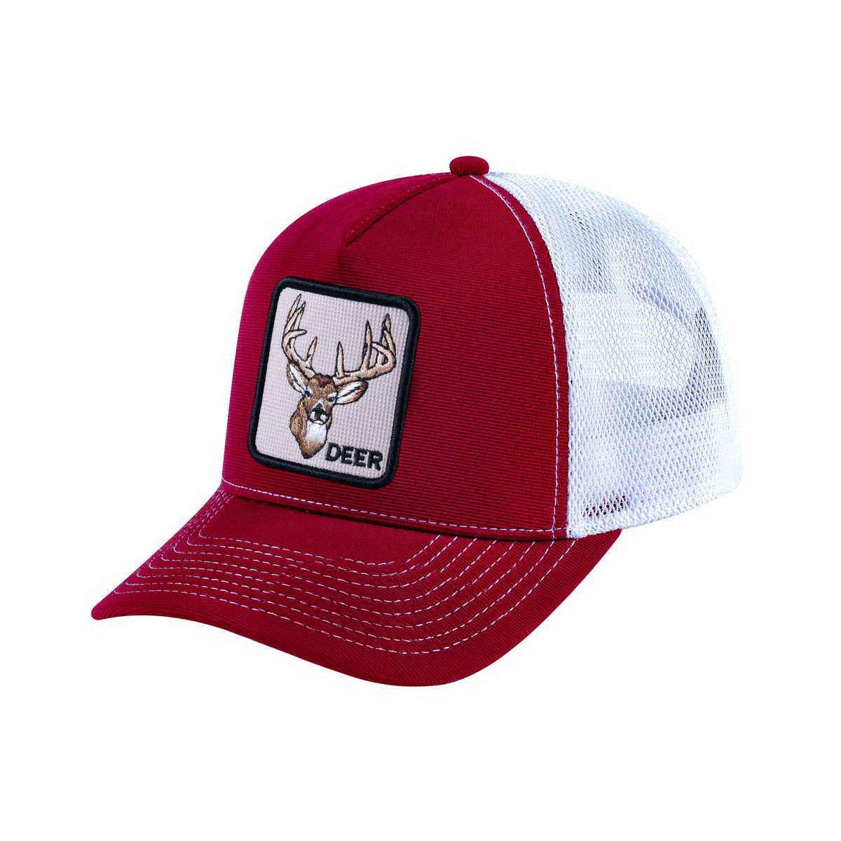 Unisex V2 Embroidered The Deer, 5-Panel Trucker Hat, Burgundy/White, Adjustable Fit