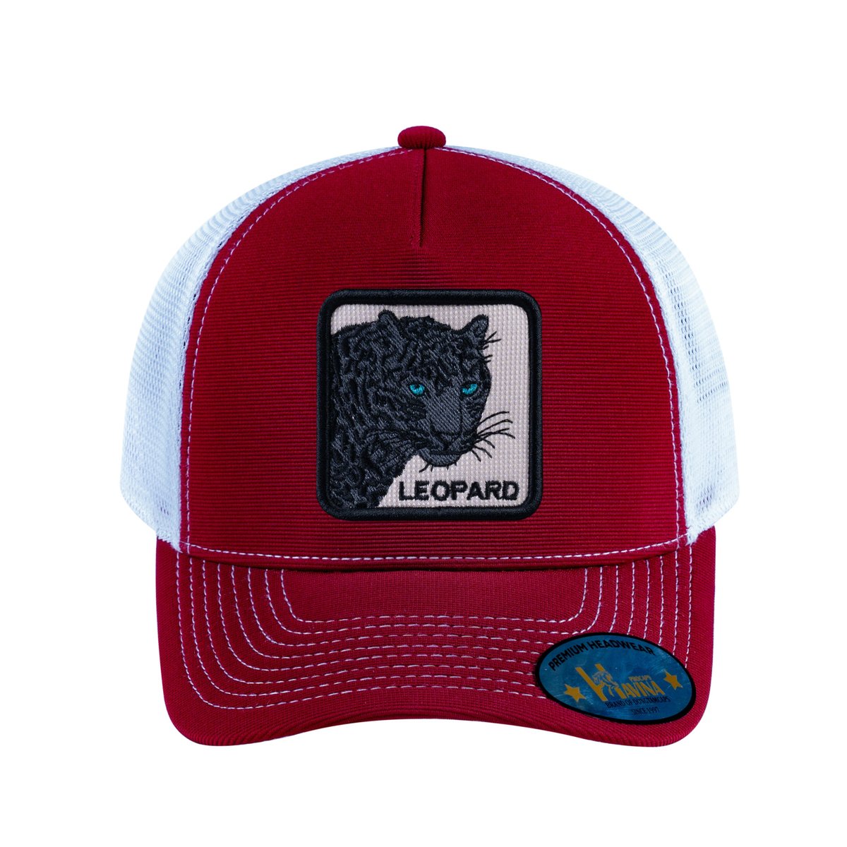 Unisex V2 Embroidered The Leopard V2, 5-Panel Trucker Hat, Burgundy/White, Adjustable Fit