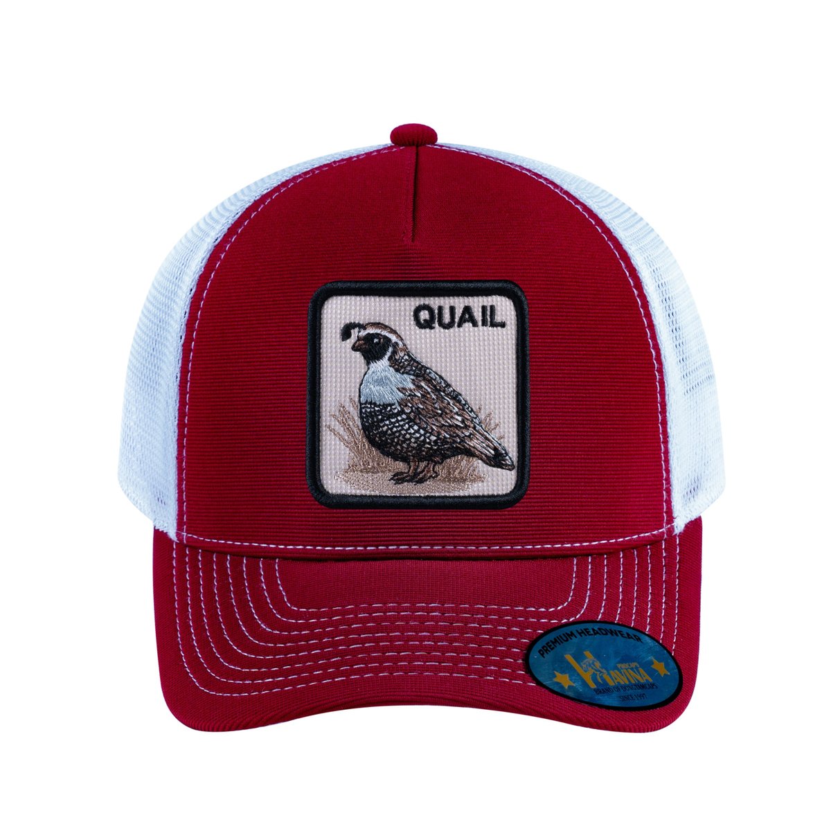 Unisex V2 Embroidered The Quail, 5-Panel Trucker Hat, Burgundy/White, Adjustable Fit