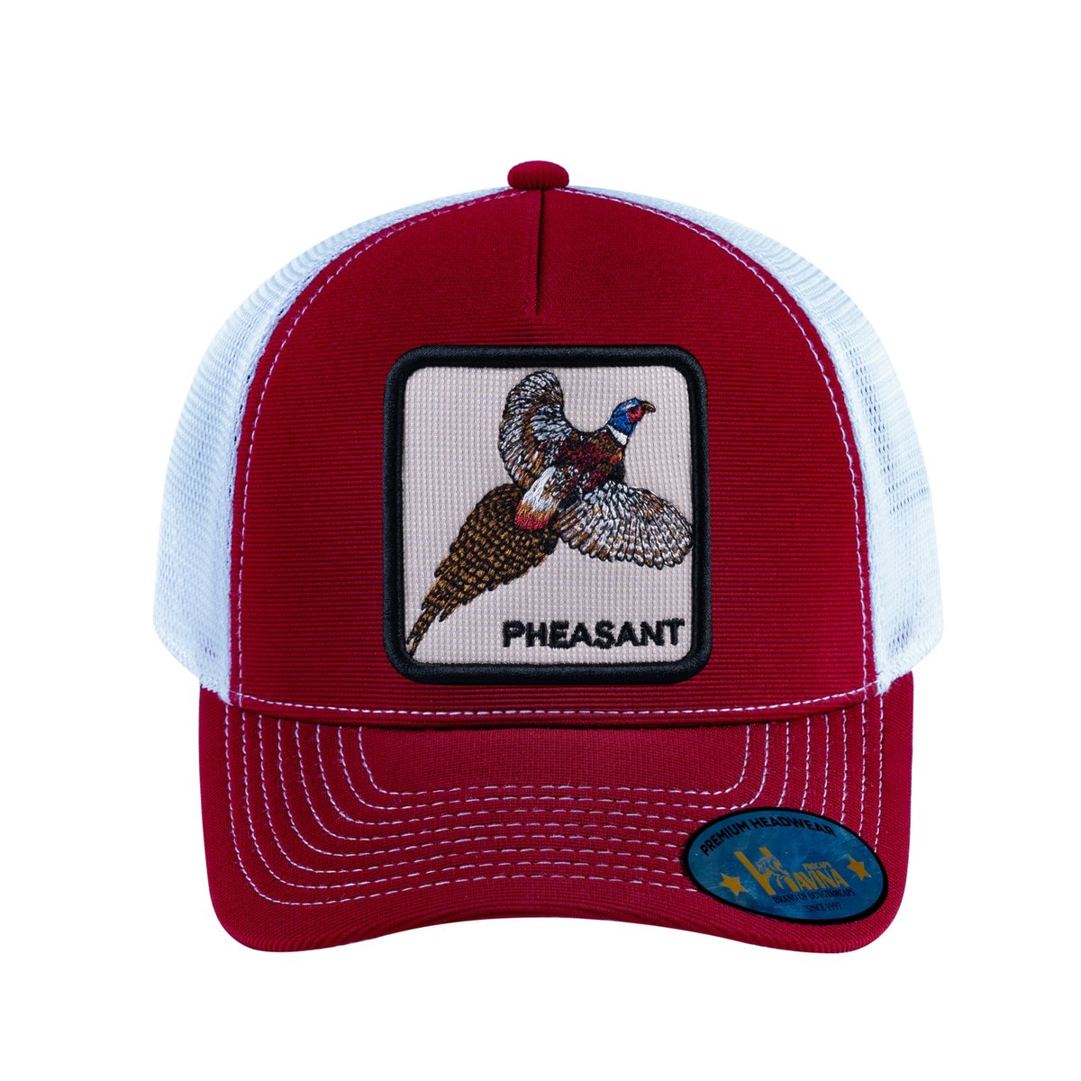 Unisex V2 Embroidered The Pheasant, 5-Panel Trucker Hat, Burgundy/White, Adjustable Fit