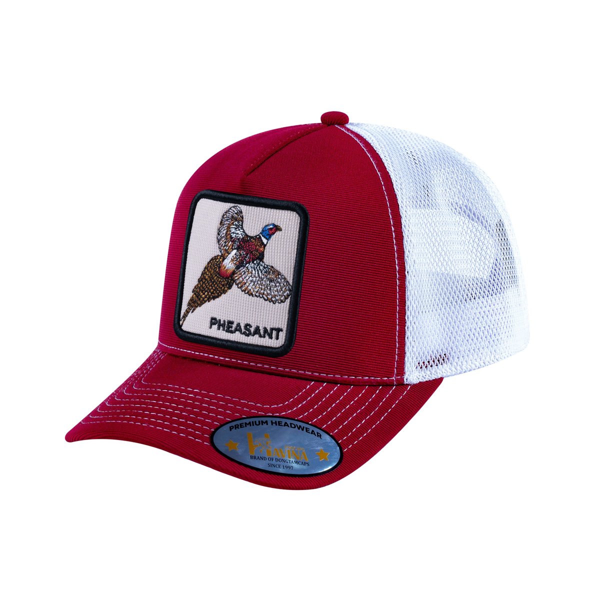 Unisex V2 Embroidered The Pheasant, 5-Panel Trucker Hat, Burgundy/White, Adjustable Fit