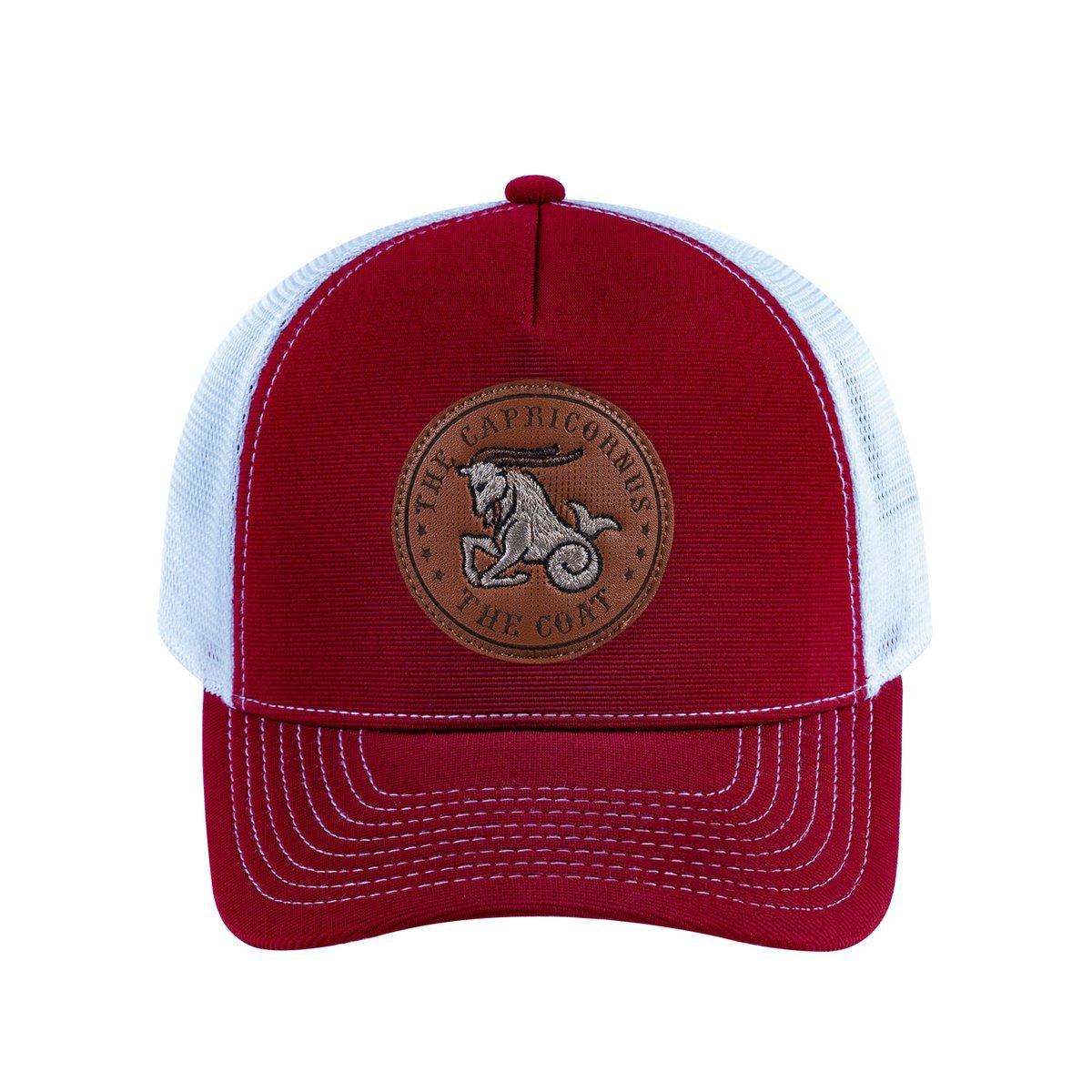 Unisex V2 Embroidered And Laser-Engraved Capricorn Zodiac (December 22, January 19), 5-Panel Trucker Hat, Burgundy/White, Adjustable Fit