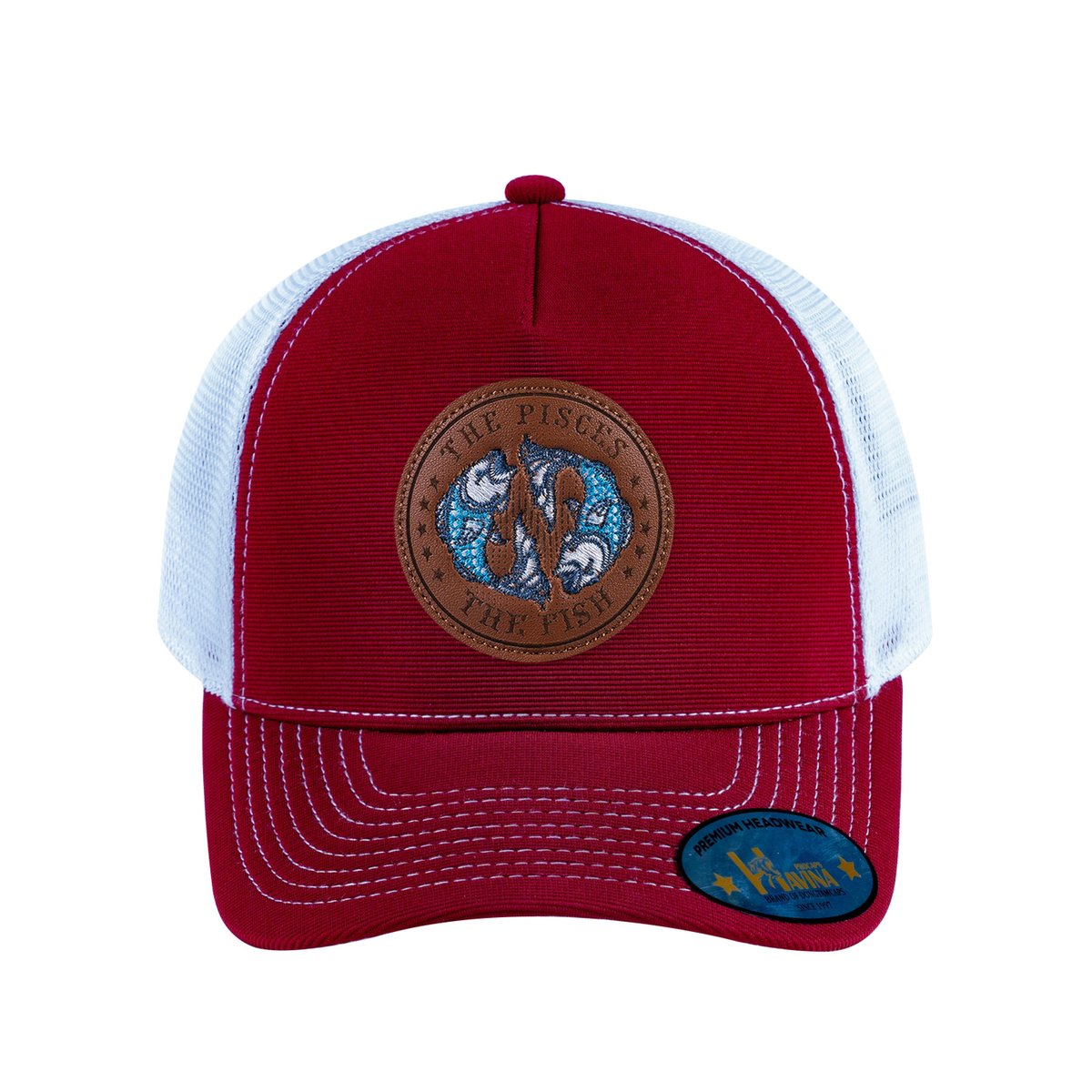 Unisex V2 Embroidered And Laser-Engraved Pisces Zodiac (February 19, March 20), 5-Panel Trucker Hat, Burgundy/White, Adjustable Fit