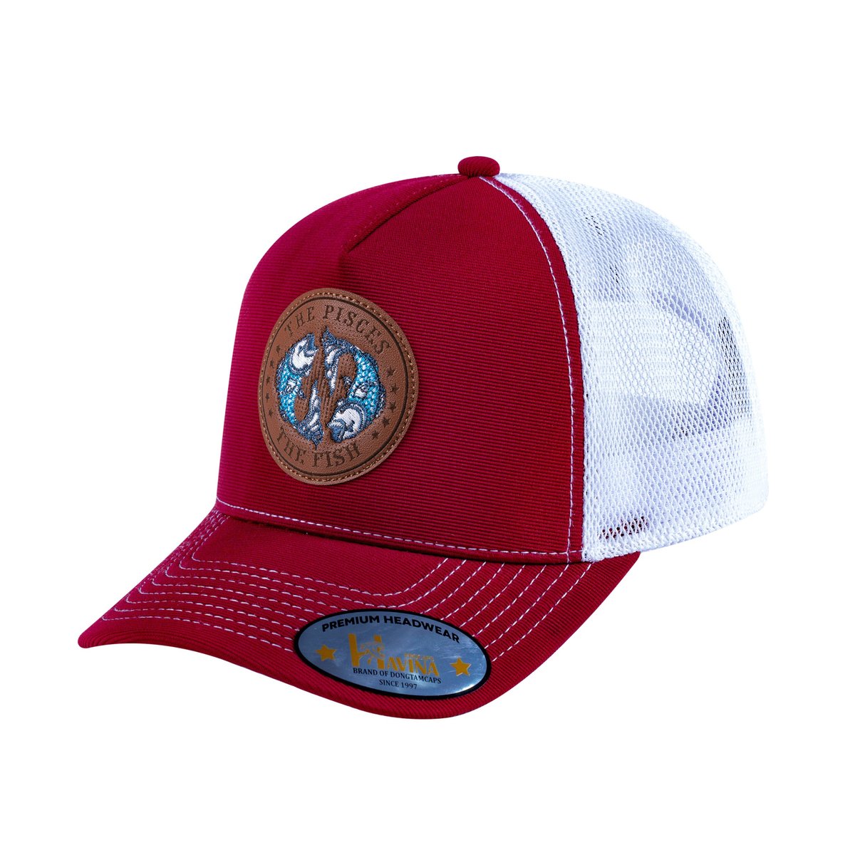Unisex V2 Embroidered And Laser-Engraved Pisces Zodiac (February 19, March 20), 5-Panel Trucker Hat, Burgundy/White, Adjustable Fit