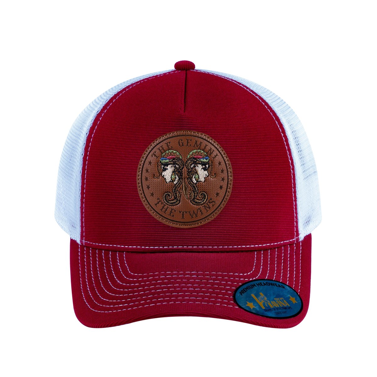 Unisex V2 Embroidered And Laser-Engraved Gemini Zodiac (May 21, June 20), 5-Panel Trucker Hat, Burgundy/White, Adjustable Fit