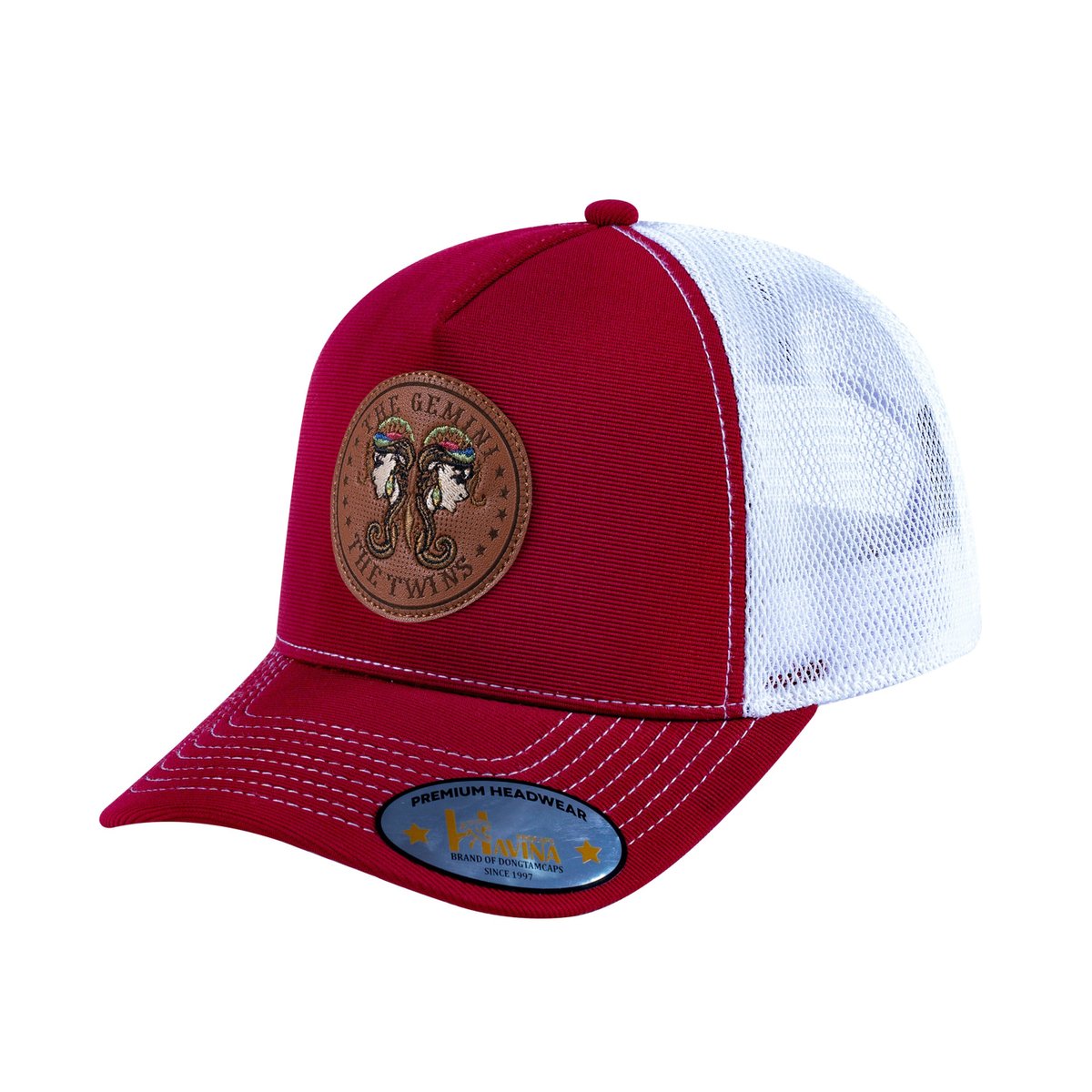Unisex V2 Embroidered And Laser-Engraved Gemini Zodiac (May 21, June 20), 5-Panel Trucker Hat, Burgundy/White, Adjustable Fit