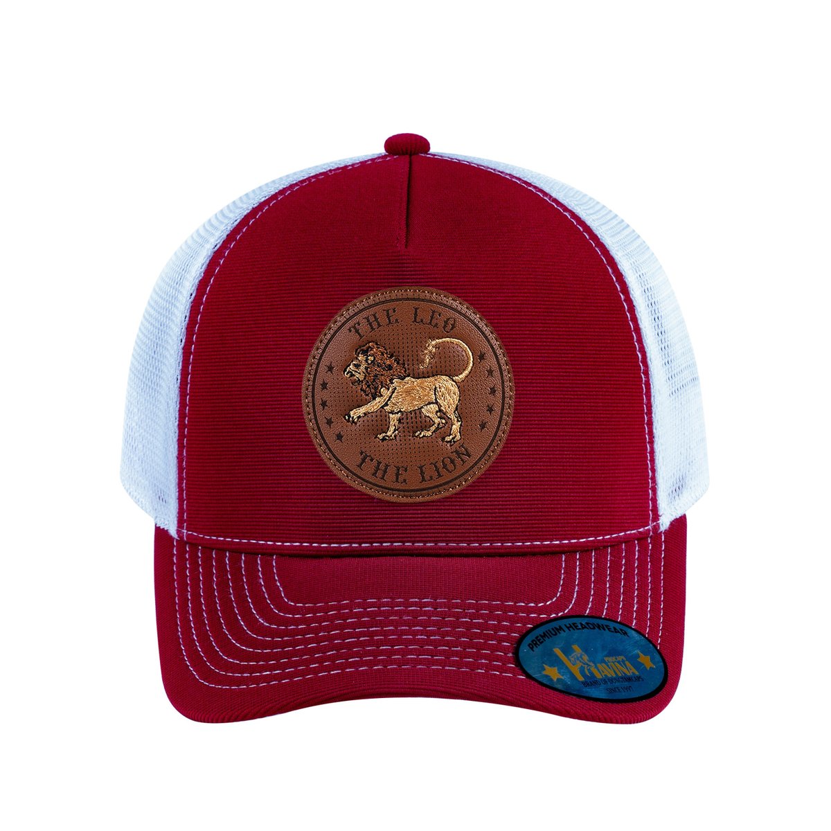 Unisex V2 Embroidered And Laser-Engraved Leo Zodiac (July 23, August 22), 5-Panel Trucker Hat, Burgundy/White, Adjustable Fit