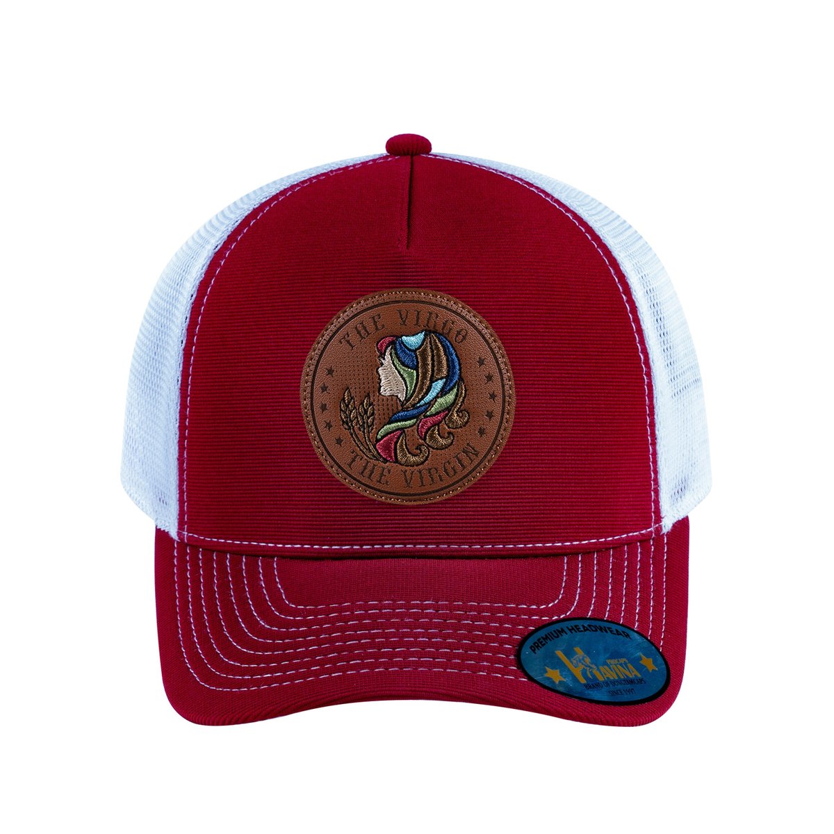 Unisex V2 Embroidered And Laser-Engraved Virgo Zodiac (August 23, September 22), 5-Panel Trucker Hat, Burgundy/White, Adjustable Fit