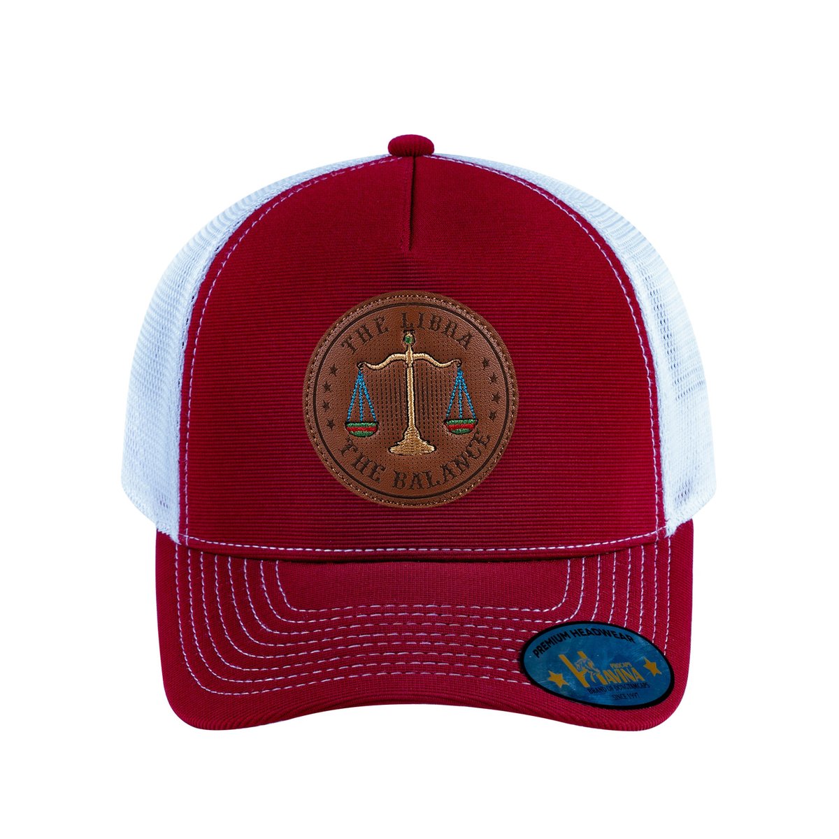 Unisex V2 Embroidered And Laser-Engraved Libra Zodiac (September 23, October 22), 5-Panel Trucker Hat, Burgundy/White, Adjustable Fit
