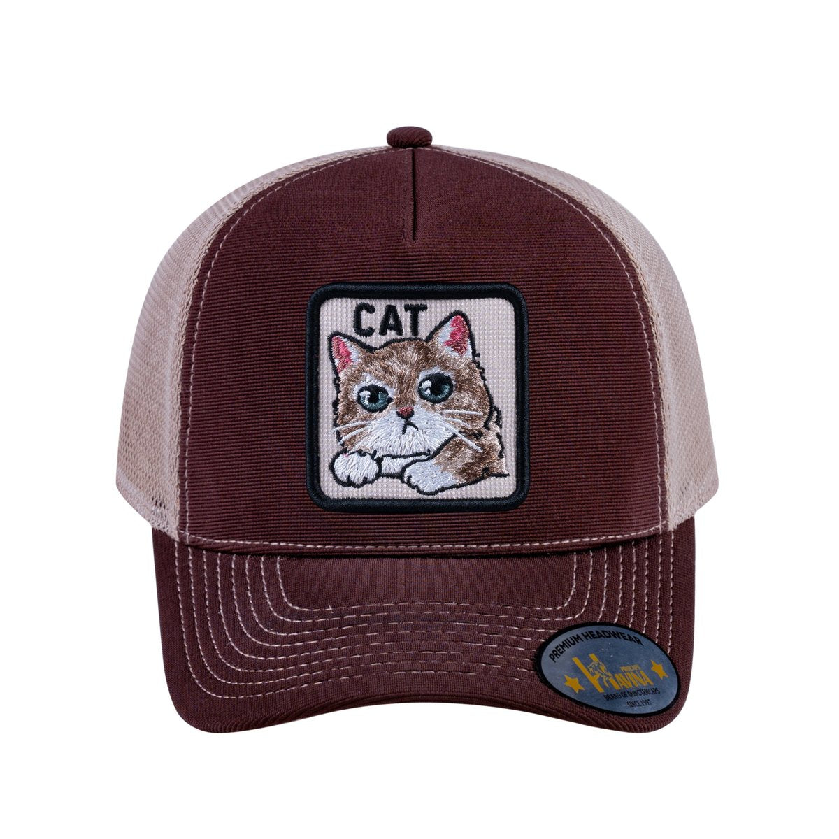 Unisex V2 Embroidered The Cat, 5-Panel Trucker Hat, Dark Brown/Khaki, Adjustable Fit