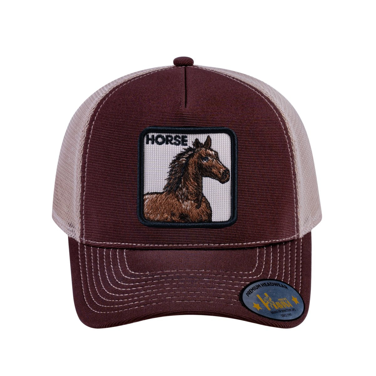 Unisex V2 Embroidered The Horse, 5-Panel Trucker Hat, Dark Brown/Khaki, Adjustable Fit