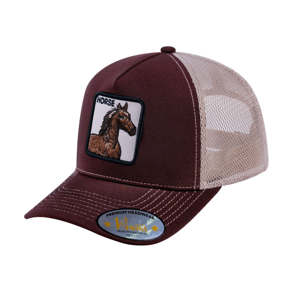 Unisex V2 Embroidered The Horse, 5-Panel Trucker Hat, Dark Brown/Khaki, Adjustable Fit