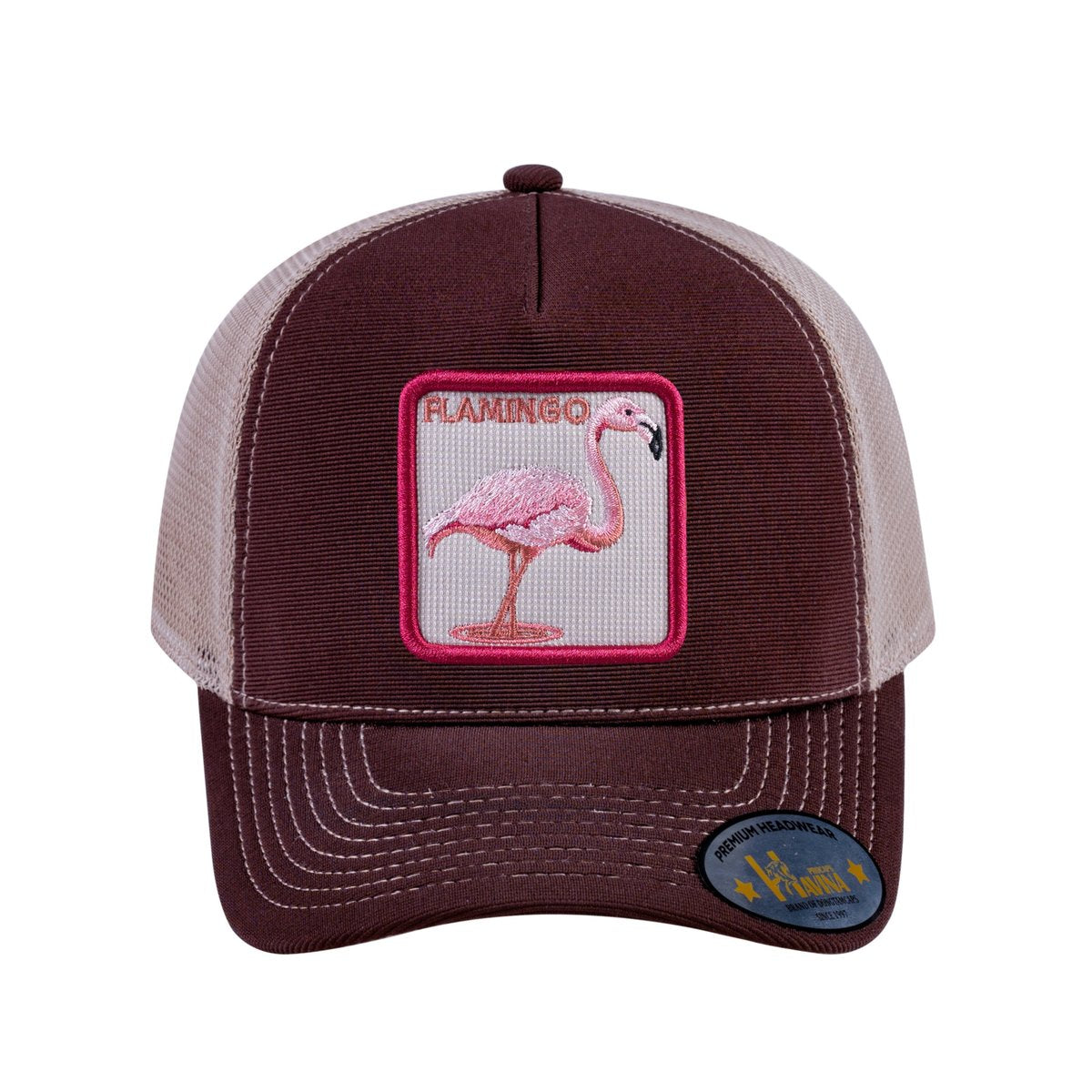 Unisex V2 Embroidered The Flamingo, 5-Panel Trucker Hat, Dark Brown/Khaki, Adjustable Fit