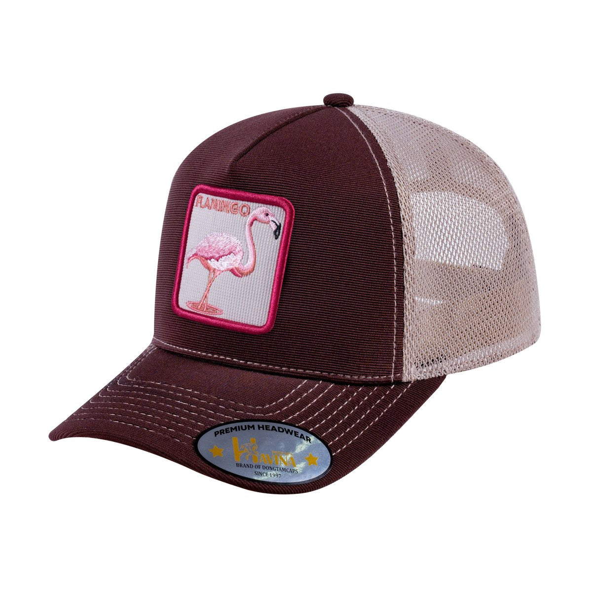 Unisex V2 Embroidered The Flamingo, 5-Panel Trucker Hat, Dark Brown/Khaki, Adjustable Fit