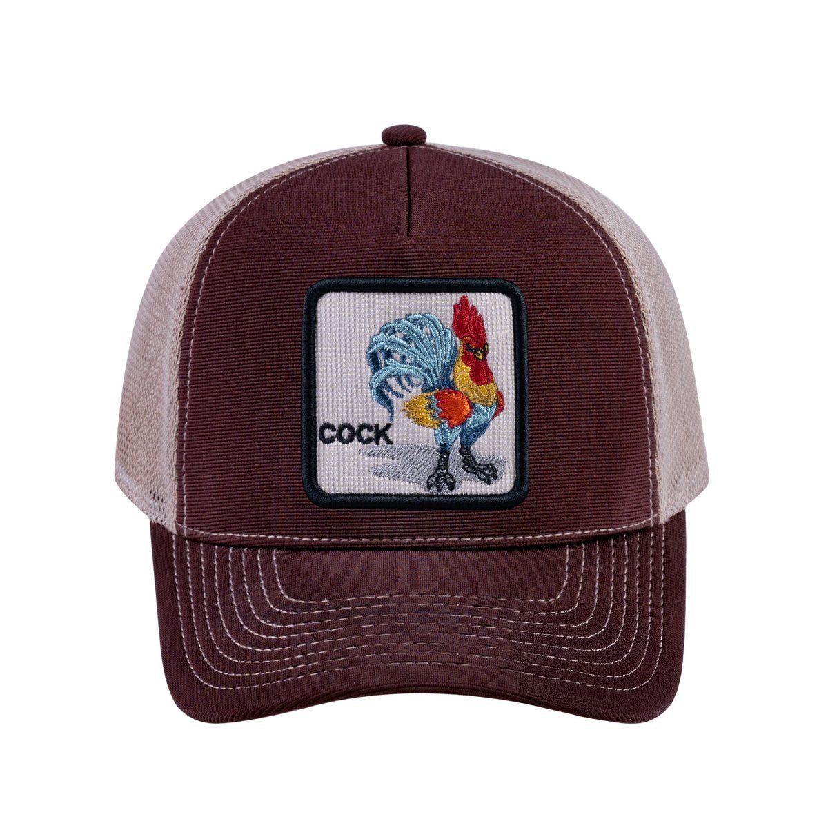 Unisex V2 Embroidered The Chicken, 5-Panel Trucker Hat, Dark Brown/Khaki, Adjustable Fit