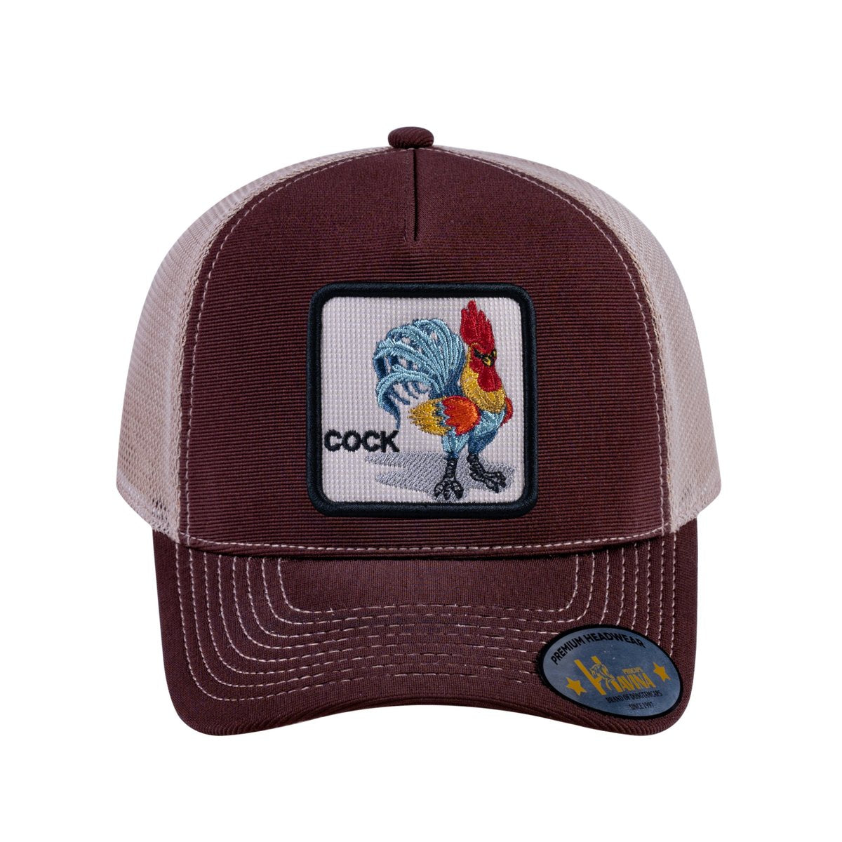 Unisex V2 Embroidered The Chicken, 5-Panel Trucker Hat, Dark Brown/Khaki, Adjustable Fit