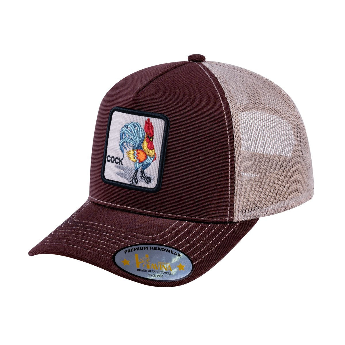 Unisex V2 Embroidered The Chicken, 5-Panel Trucker Hat, Dark Brown/Khaki, Adjustable Fit
