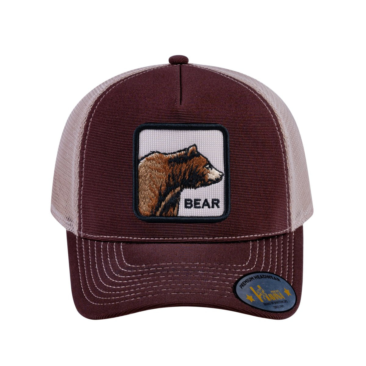 Unisex V2 Embroidered The Bear, 5-Panel Trucker Hat, Dark Brown/Khaki, Adjustable Fit