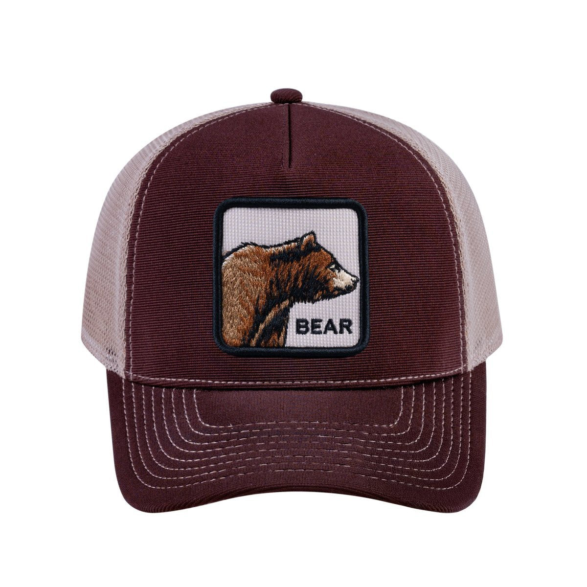 Unisex V2 Embroidered The Bear, 5-Panel Trucker Hat, Dark Brown/Khaki, Adjustable Fit