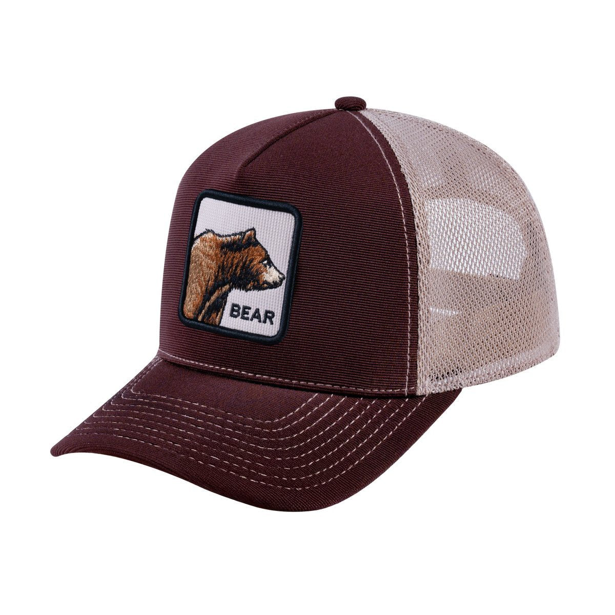 Unisex V2 Embroidered The Bear, 5-Panel Trucker Hat, Dark Brown/Khaki, Adjustable Fit