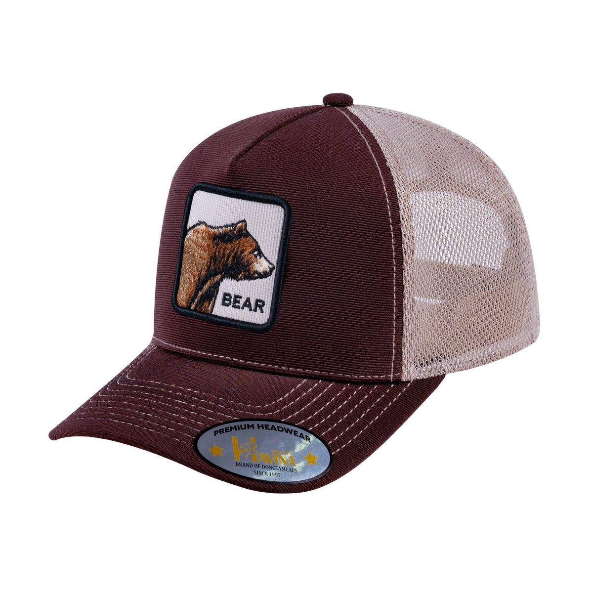 Unisex V2 Embroidered The Bear, 5-Panel Trucker Hat, Dark Brown/Khaki, Adjustable Fit