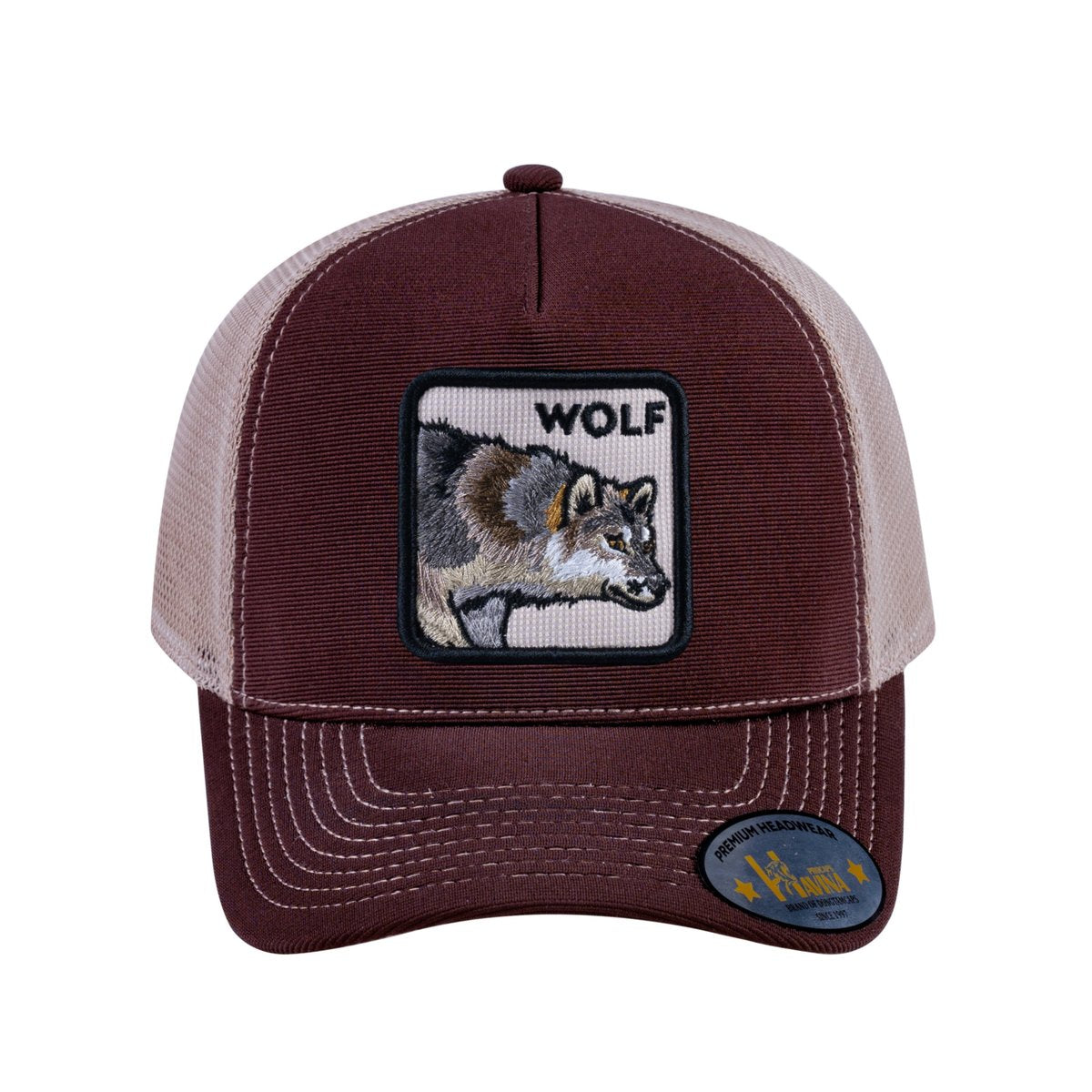 Unisex V2 Embroidered The Wolf, 5-Panel Trucker Hat, Dark Brown/Khaki, Adjustable Fit