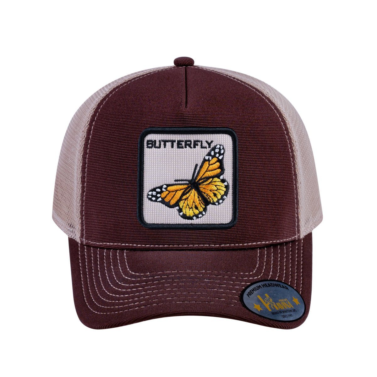 Unisex V2 Embroidered The Butterfly, 5-Panel Trucker Hat, Dark Brown/Khaki, Adjustable Fit