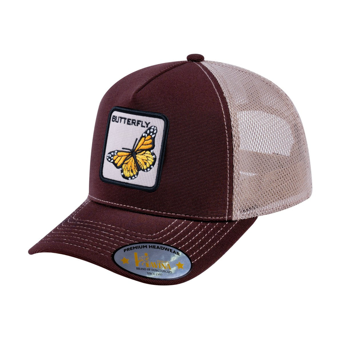 Unisex V2 Embroidered The Butterfly, 5-Panel Trucker Hat, Dark Brown/Khaki, Adjustable Fit