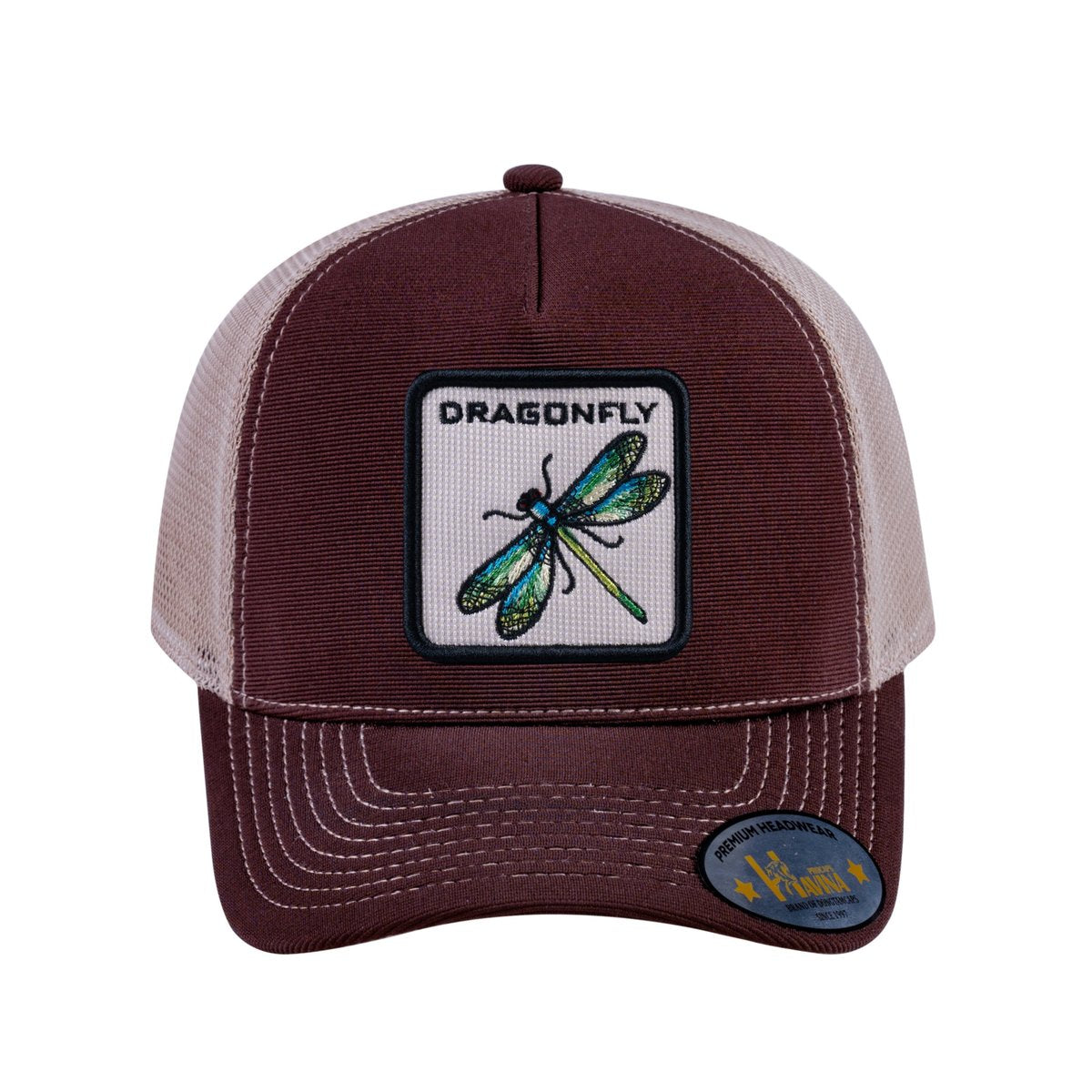 Unisex V2 Embroidered The Dragonfly, 5-Panel Trucker Hat, Dark Brown/Khaki, Adjustable Fit